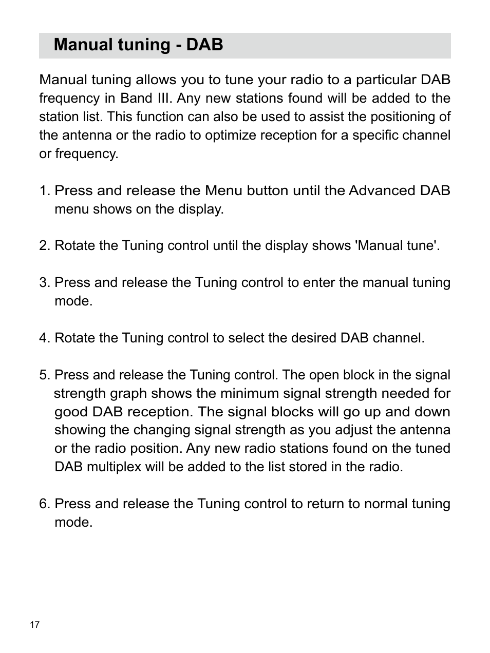 Manual tuning - dab | Sangean U4 DBT (V1) User Manual | Page 18 / 49