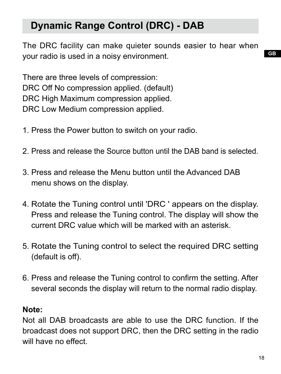Dynamic range control (drc) - dab | Sangean U4 DBT (V1) User Manual | Page 19 / 49