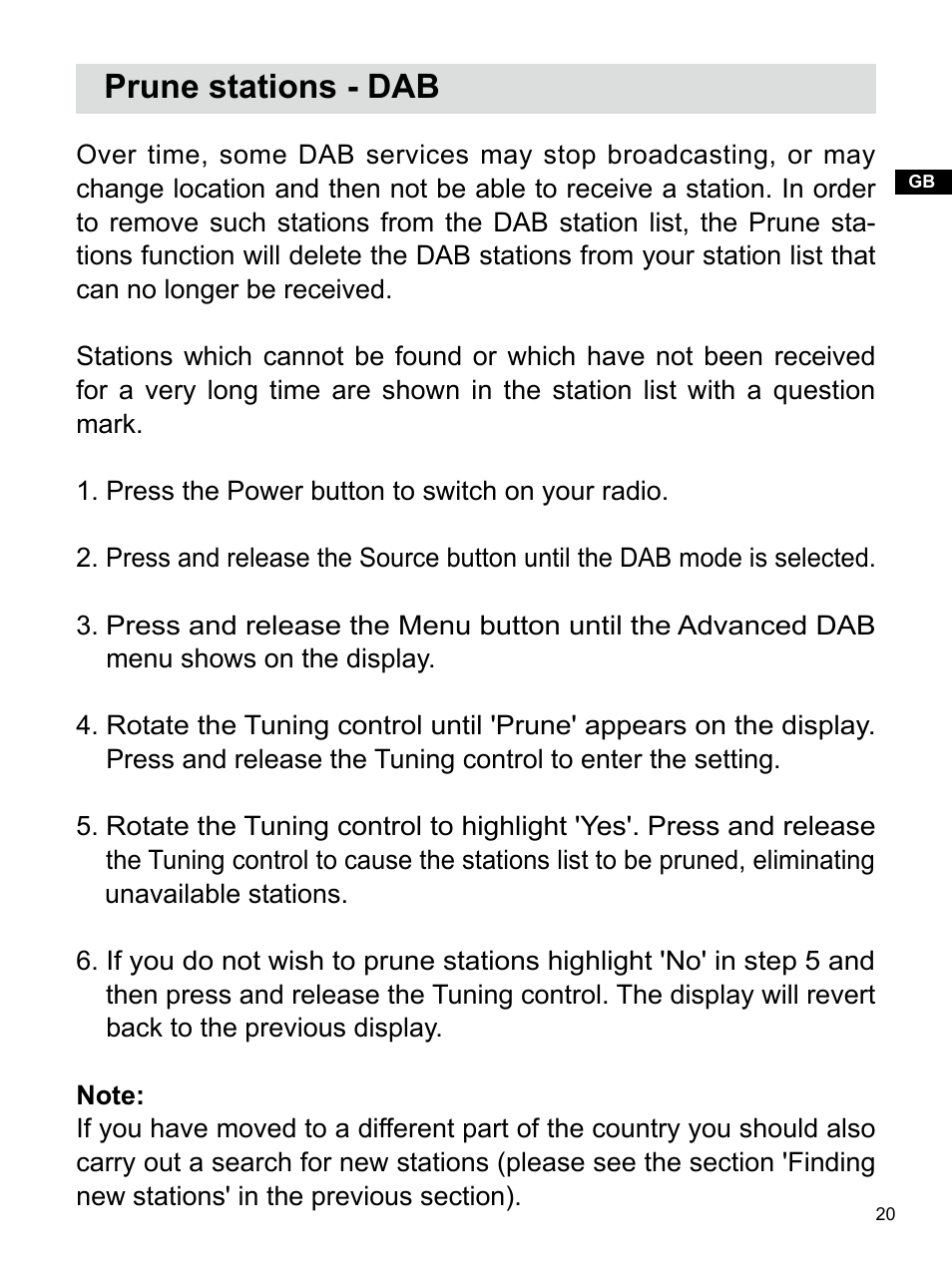 Prune stations - dab | Sangean U4 DBT (V1) User Manual | Page 21 / 49