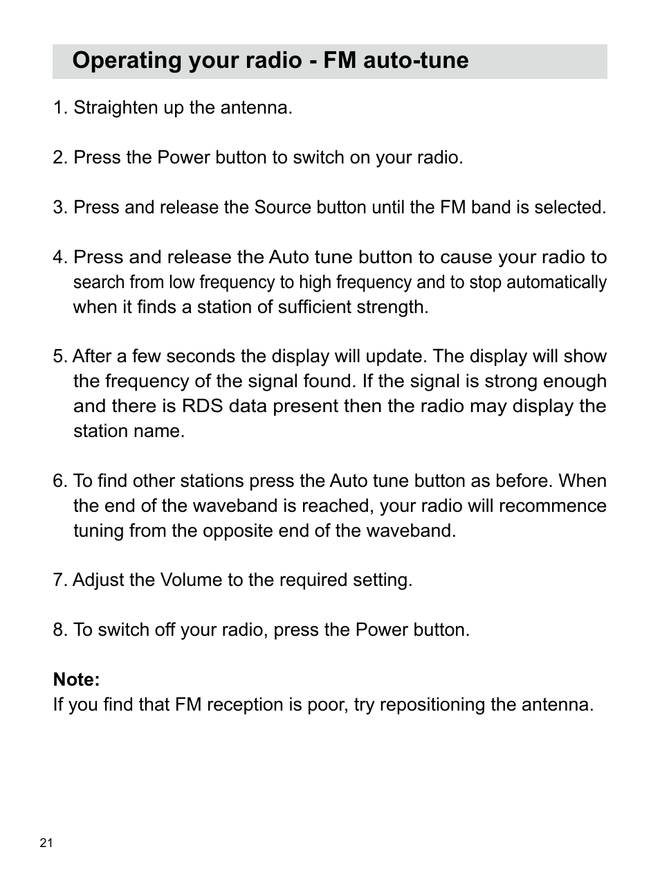 Operating your radio - fm auto-tune | Sangean U4 DBT (V1) User Manual | Page 22 / 49