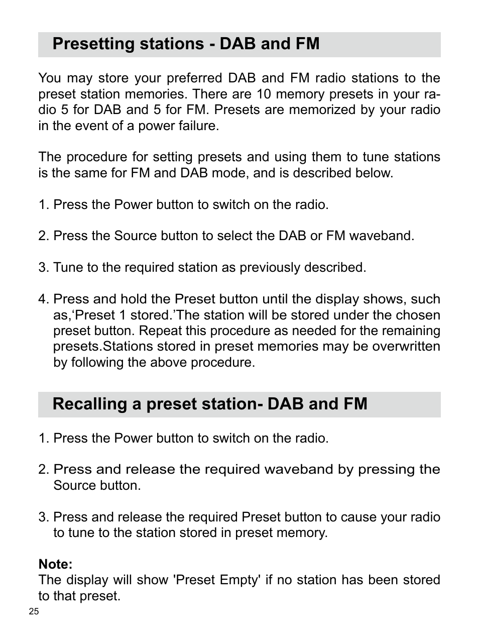 Presetting stations - dab and fm, Recalling a preset station- dab and fm | Sangean U4 DBT (V1) User Manual | Page 26 / 49