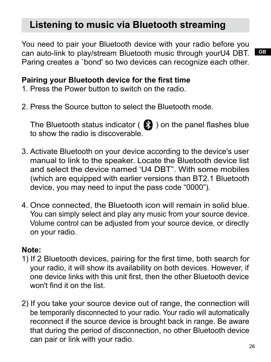 Listening to music via bluetooth streaming | Sangean U4 DBT (V1) User Manual | Page 27 / 49