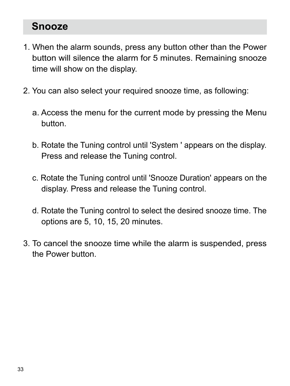 Snooze | Sangean U4 DBT (V1) User Manual | Page 34 / 49