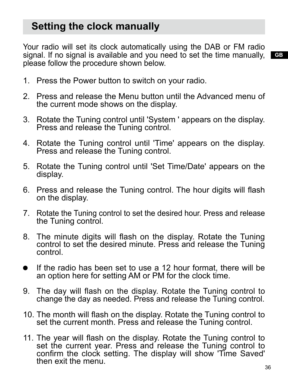 Setting the clock manually | Sangean U4 DBT (V1) User Manual | Page 37 / 49