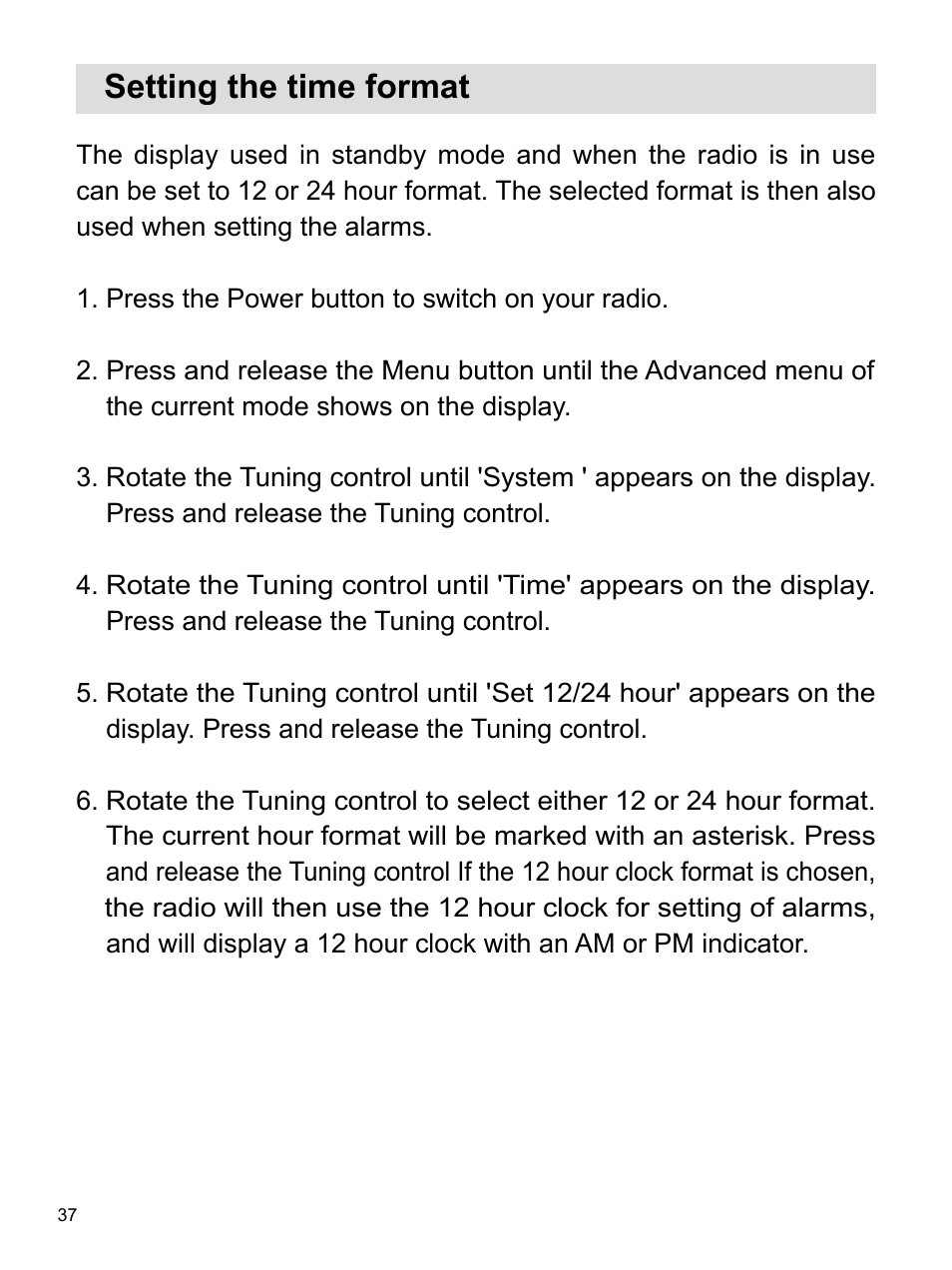 Setting the time format | Sangean U4 DBT (V1) User Manual | Page 38 / 49