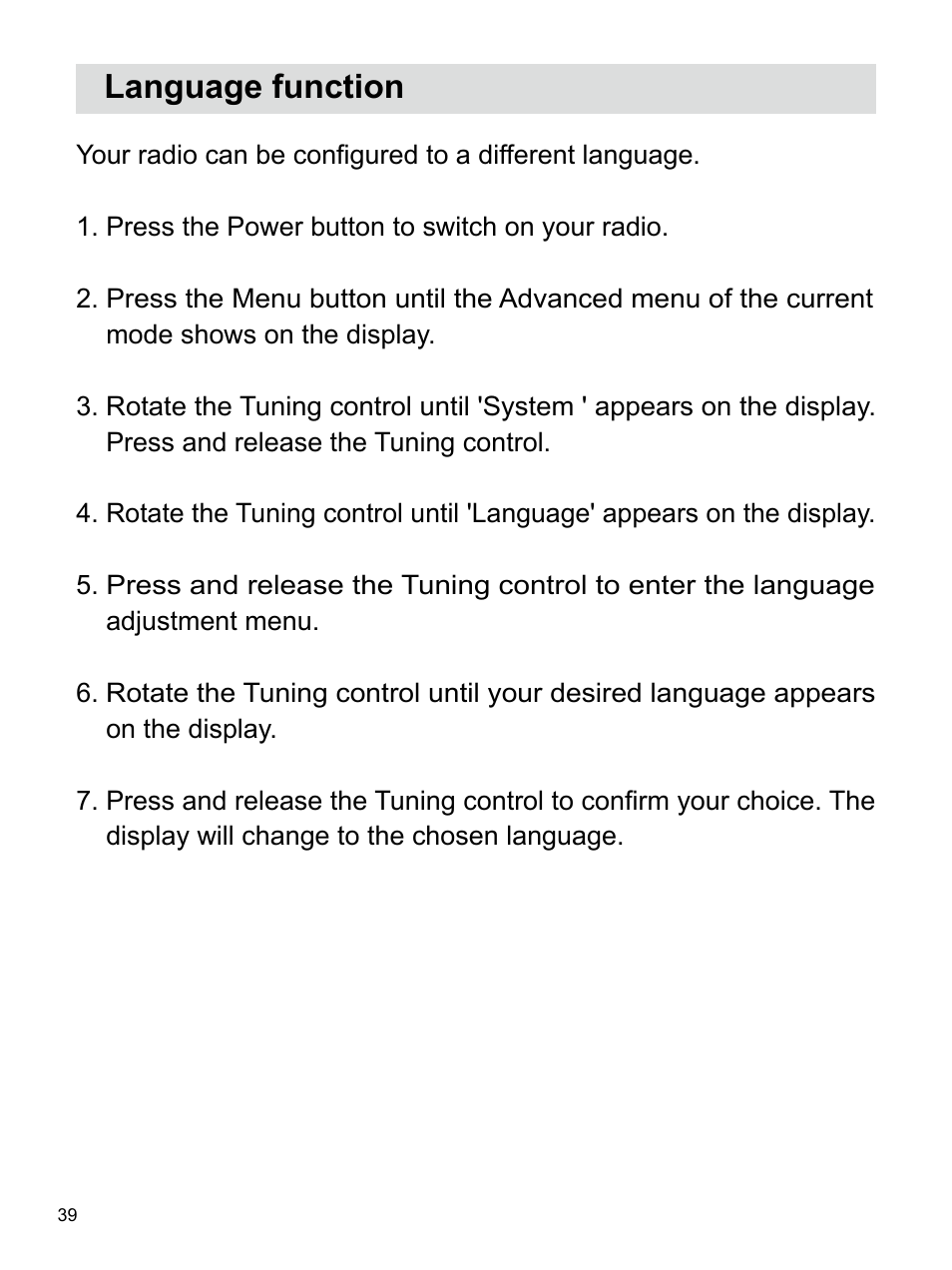 Language function | Sangean U4 DBT (V1) User Manual | Page 40 / 49