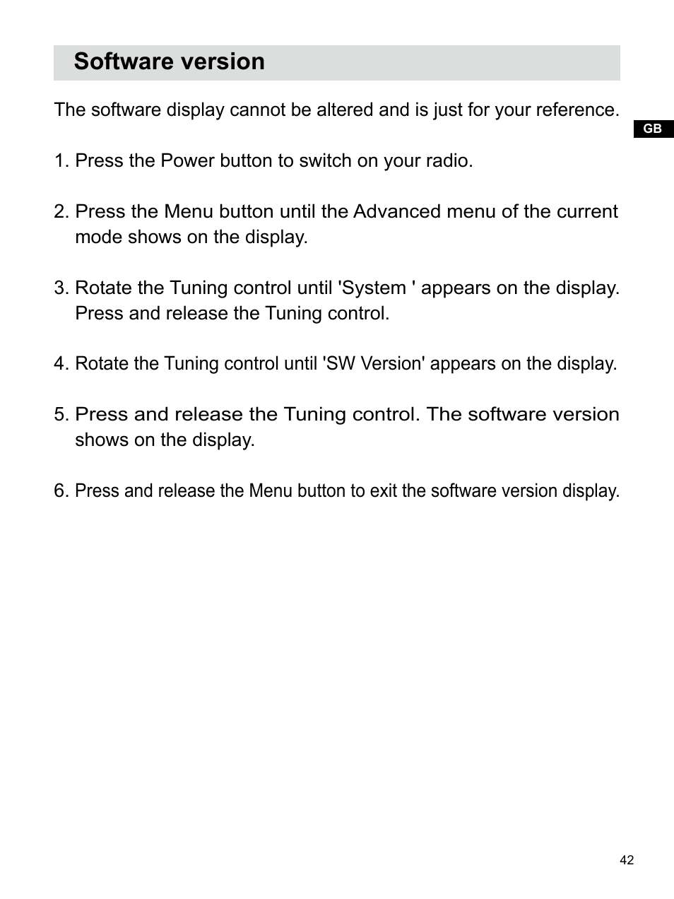 Software version | Sangean U4 DBT (V1) User Manual | Page 43 / 49