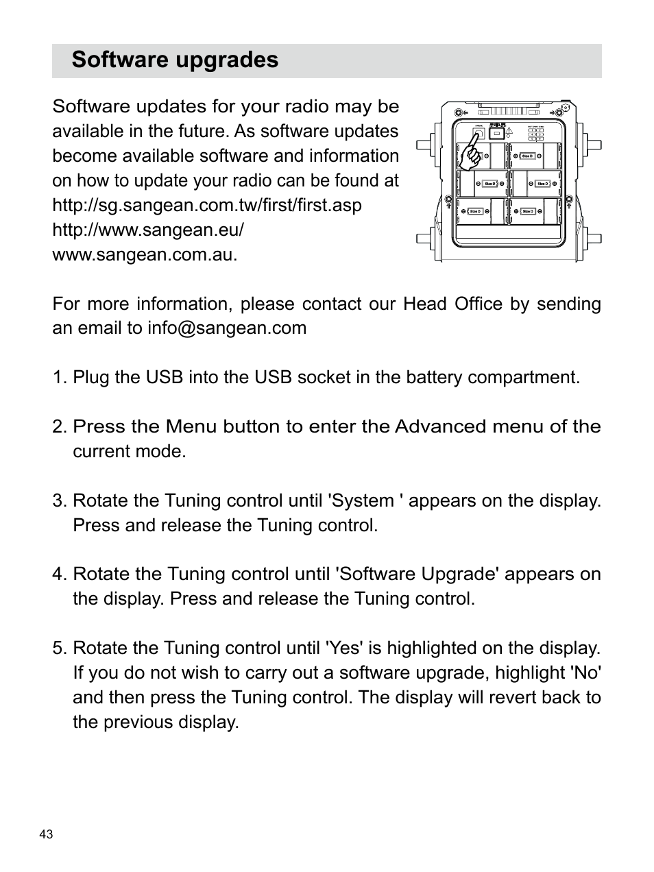 Software upgrades | Sangean U4 DBT (V1) User Manual | Page 44 / 49