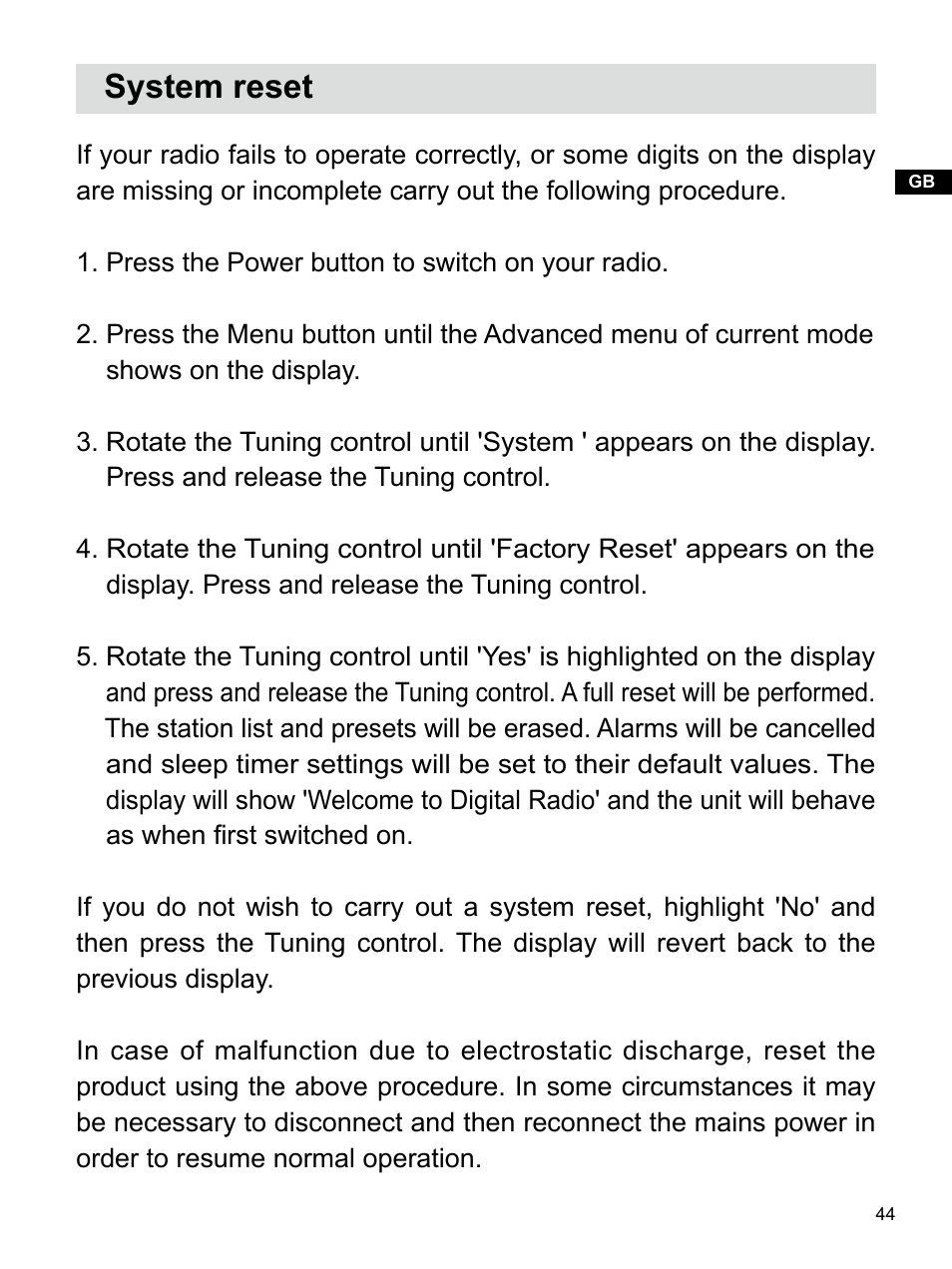 System reset | Sangean U4 DBT (V1) User Manual | Page 45 / 49