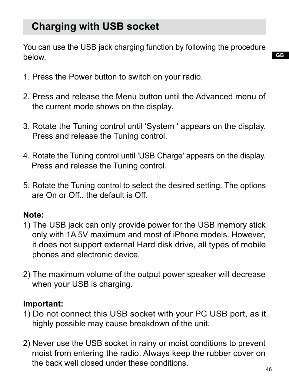 Charging with usb socket | Sangean U4 DBT (V1) User Manual | Page 47 / 49