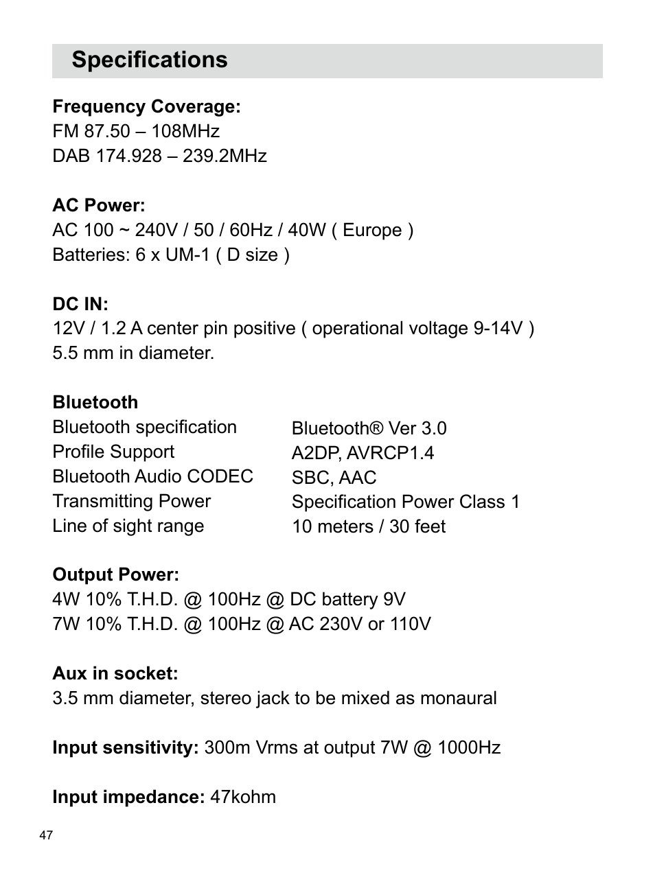 Specifications | Sangean U4 DBT (V1) User Manual | Page 48 / 49