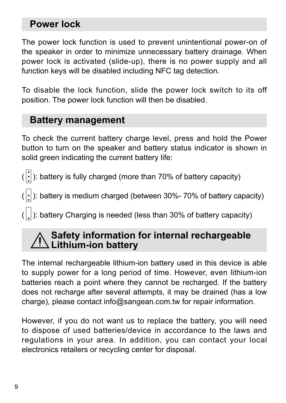 Power lock, Battery management | Sangean BluTab BTS-101 (V1) User Manual | Page 10 / 13