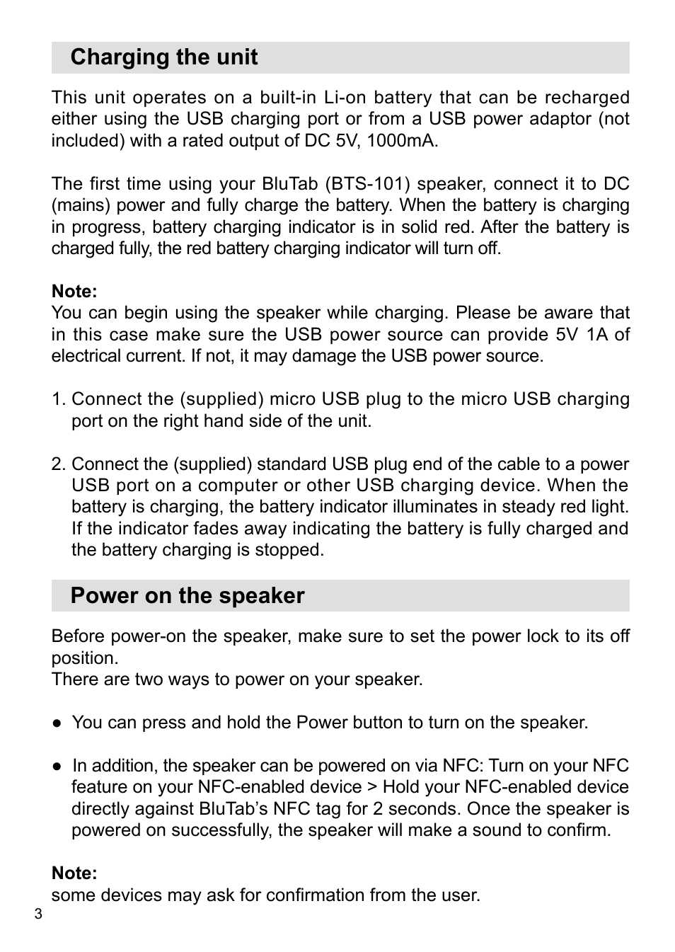 Charging the unit, Power on the speaker | Sangean BluTab BTS-101 (V1) User Manual | Page 4 / 13