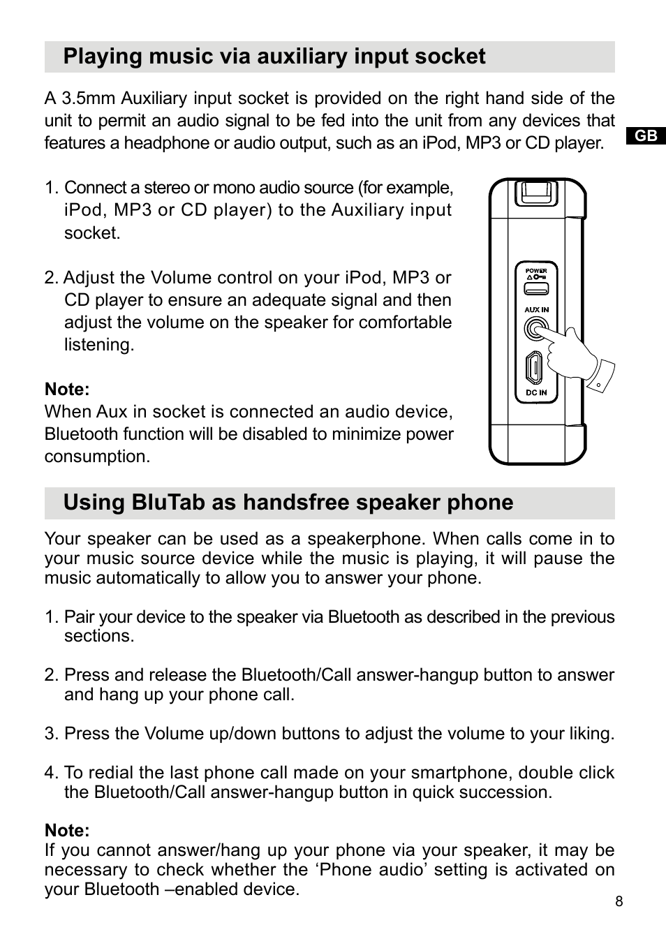 Using blutab as handsfree speaker phone, Playing music via auxiliary input socket | Sangean BluTab BTS-101 (V1) User Manual | Page 9 / 13
