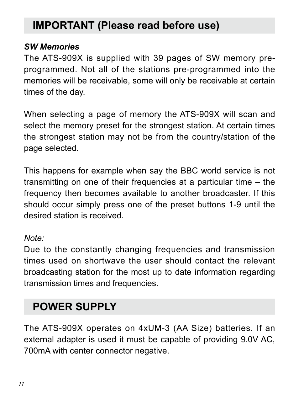 Important (please read before use), Power supply | Sangean ATS-909X w (R1) User Manual | Page 12 / 39