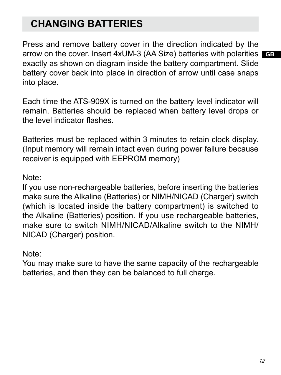 Changing batteries | Sangean ATS-909X w (R1) User Manual | Page 13 / 39