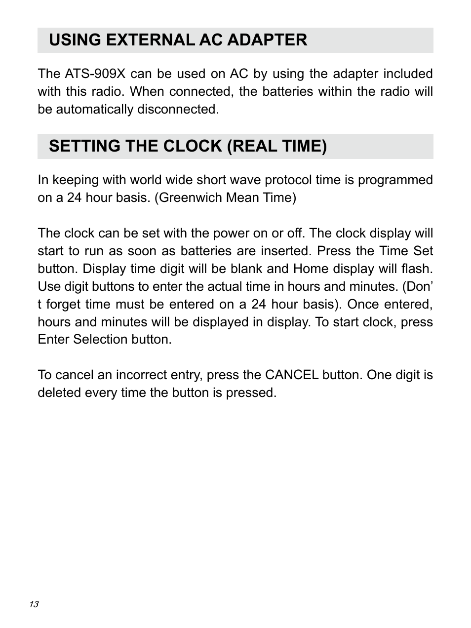 Using external ac adapter, Setting the clock (real time) | Sangean ATS-909X w (R1) User Manual | Page 14 / 39