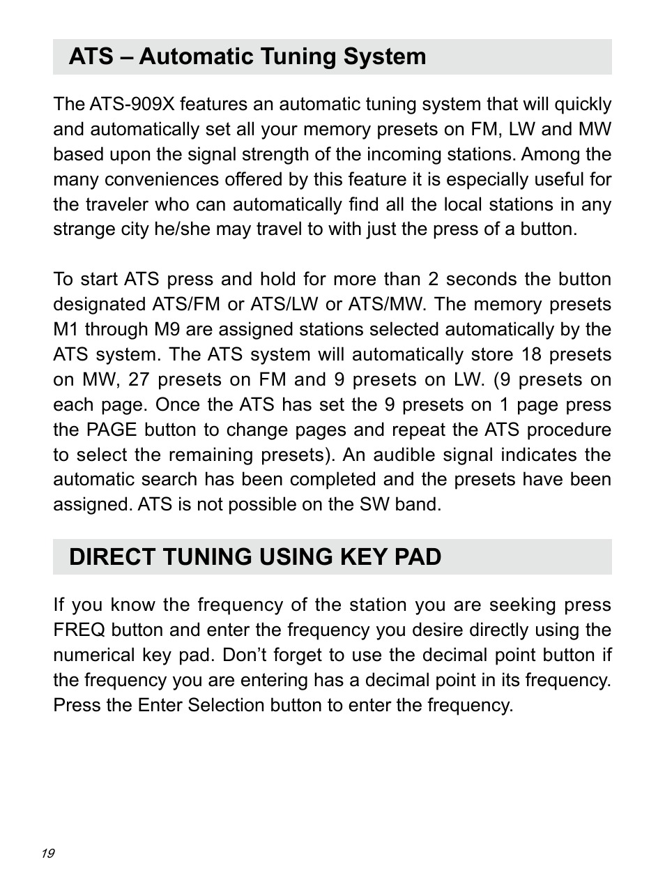 Ats – automatic tuning system, Direct tuning using key pad | Sangean ATS-909X w (R1) User Manual | Page 20 / 39