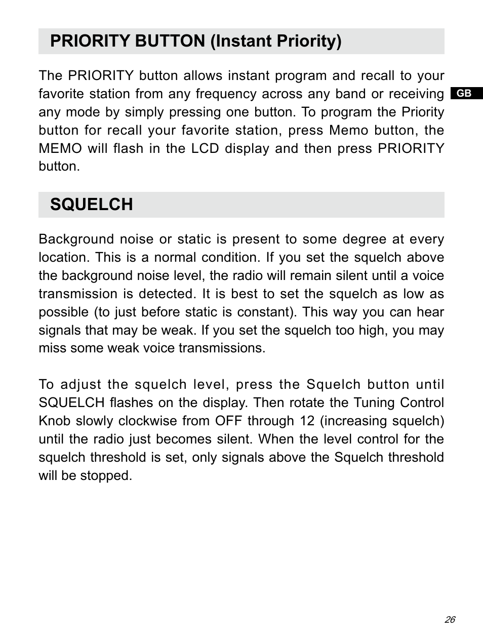 Priority button (instant priority), Squelch | Sangean ATS-909X w (R1) User Manual | Page 27 / 39