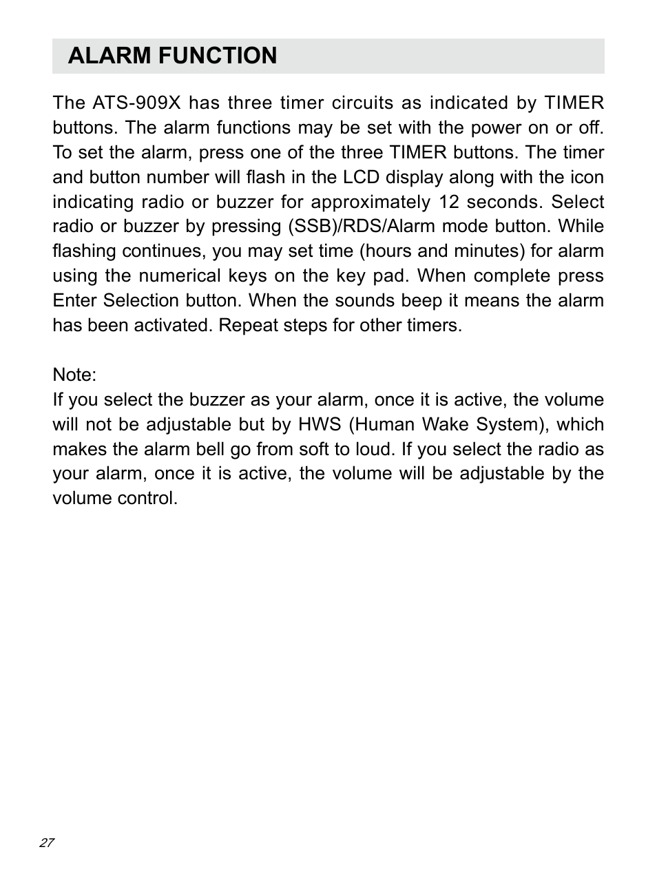 Alarm function | Sangean ATS-909X w (R1) User Manual | Page 28 / 39