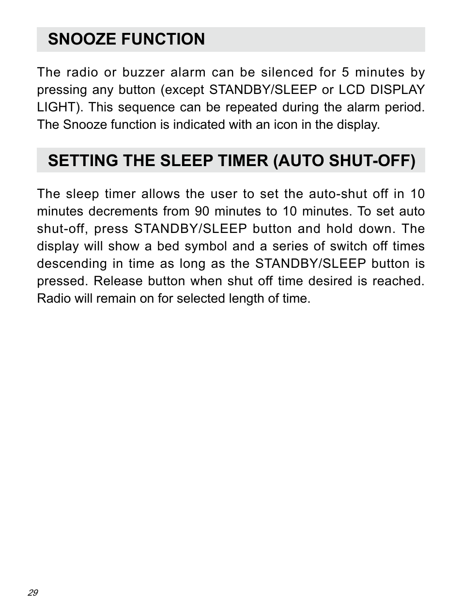 Snooze function, Setting the sleep timer (auto shut-off) | Sangean ATS-909X w (R1) User Manual | Page 30 / 39
