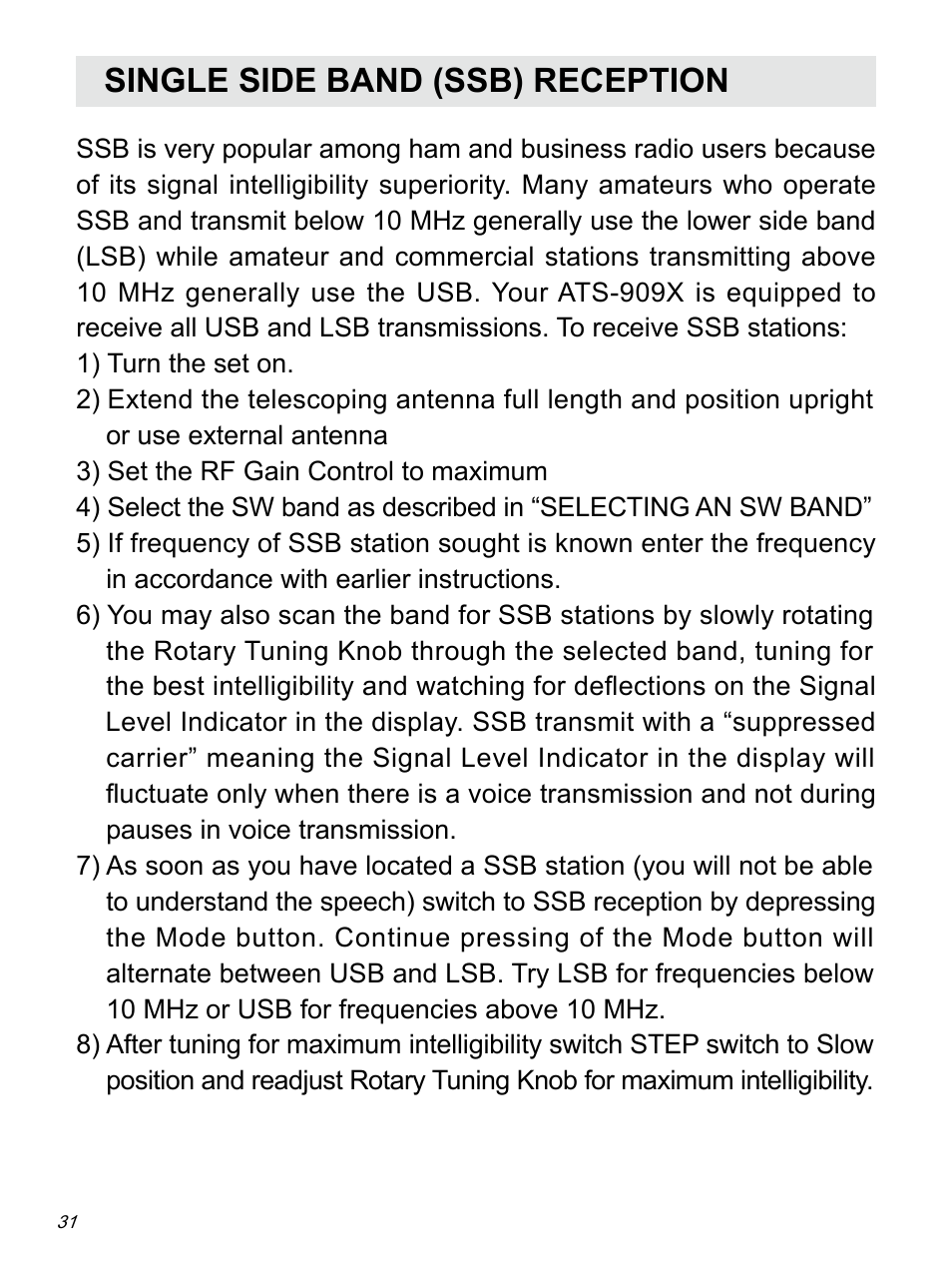 Single side band (ssb) reception | Sangean ATS-909X w (R1) User Manual | Page 32 / 39