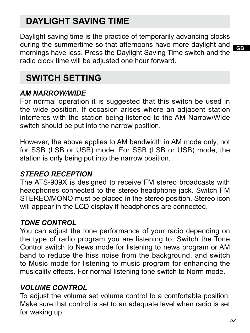 Daylight saving time, Switch setting | Sangean ATS-909X w (R1) User Manual | Page 33 / 39