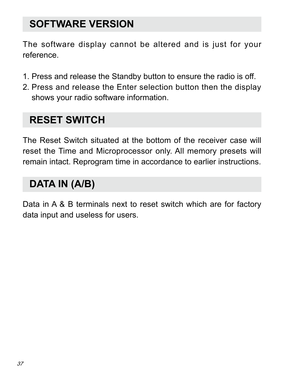 Software version, Reset switch, Data in (a/b) | Sangean ATS-909X w (R1) User Manual | Page 38 / 39