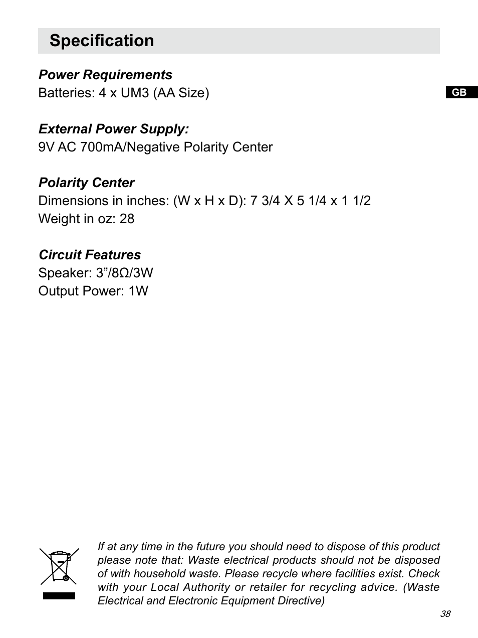 Specification | Sangean ATS-909X w (R1) User Manual | Page 39 / 39