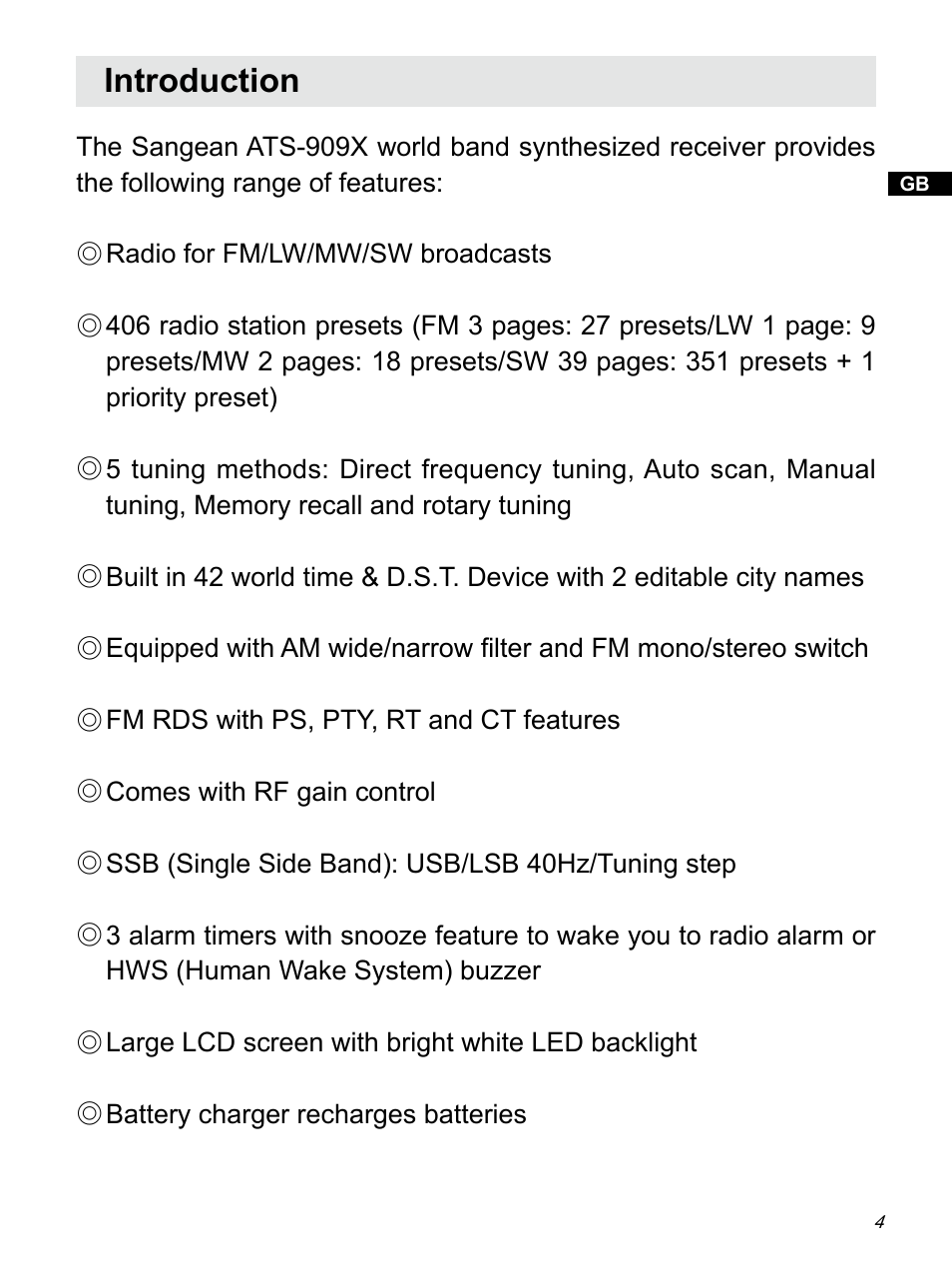 Introduction | Sangean ATS-909X w (R1) User Manual | Page 5 / 39
