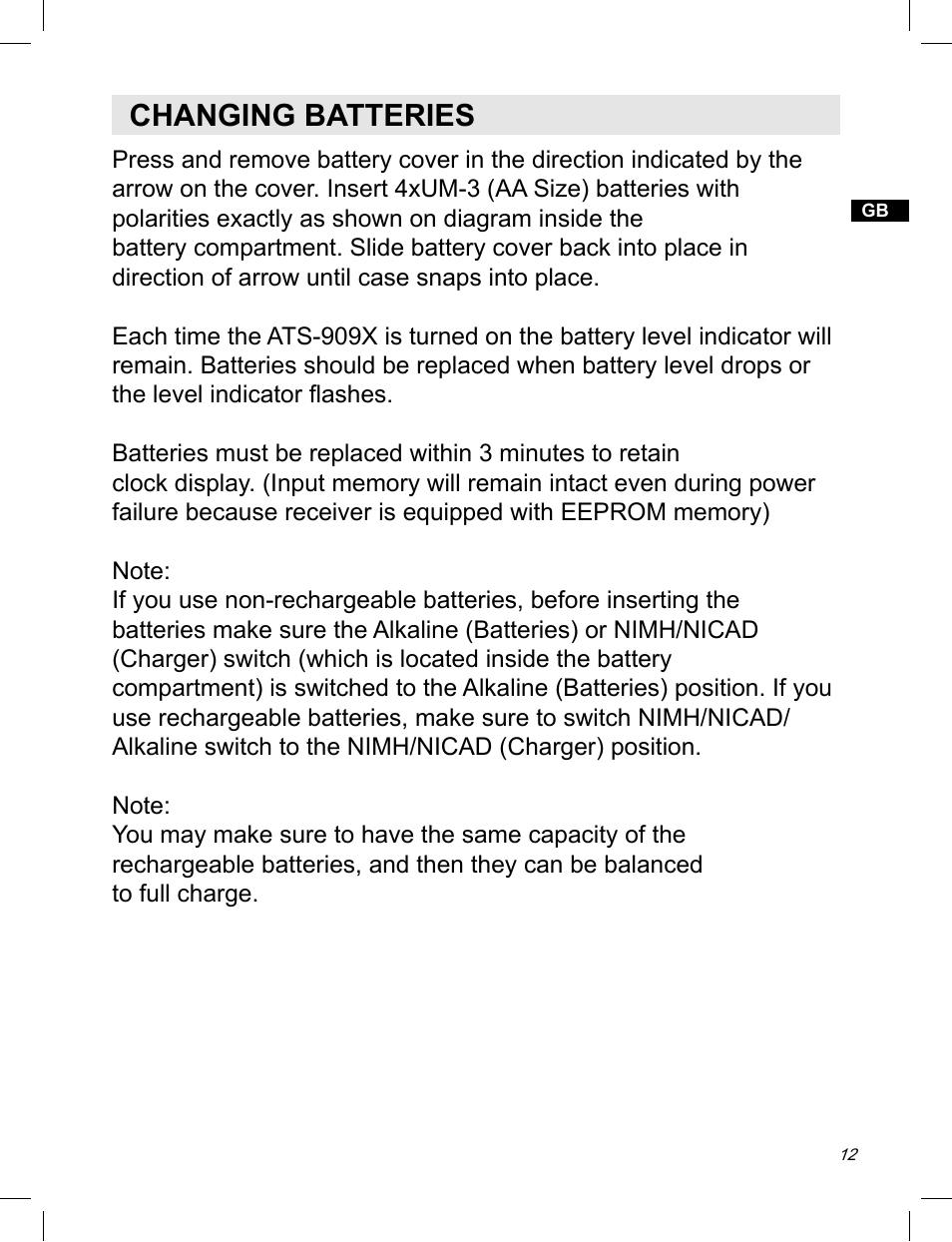 Changing batteries | Sangean ATS-909X w (V1) User Manual | Page 13 / 40