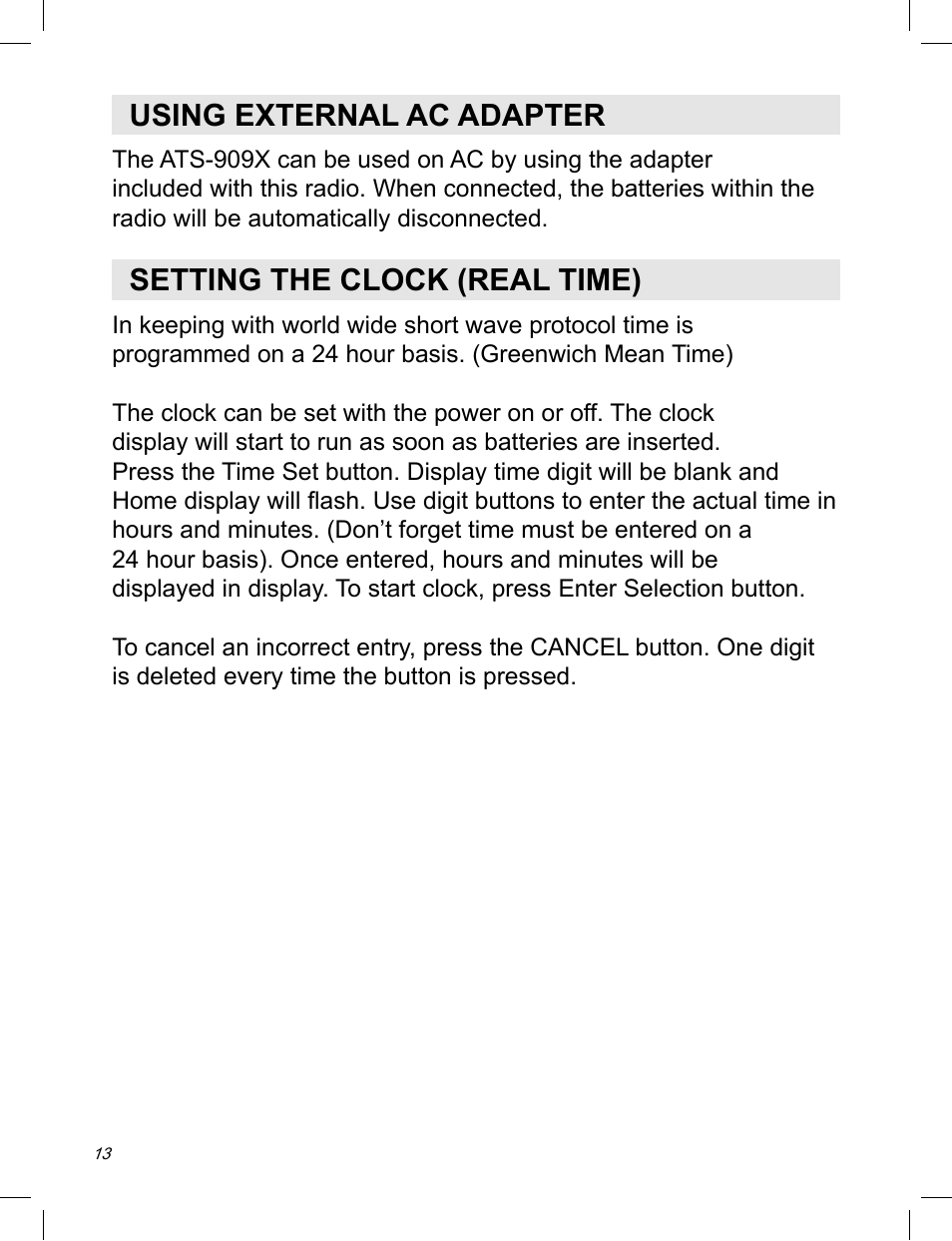 Using external ac adapter, Setting the clock (real time) | Sangean ATS-909X w (V1) User Manual | Page 14 / 40