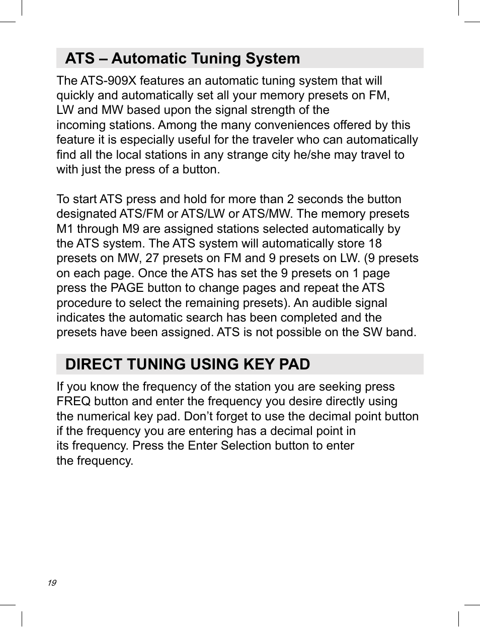 Ats – automatic tuning system, Direct tuning using key pad | Sangean ATS-909X w (V1) User Manual | Page 20 / 40