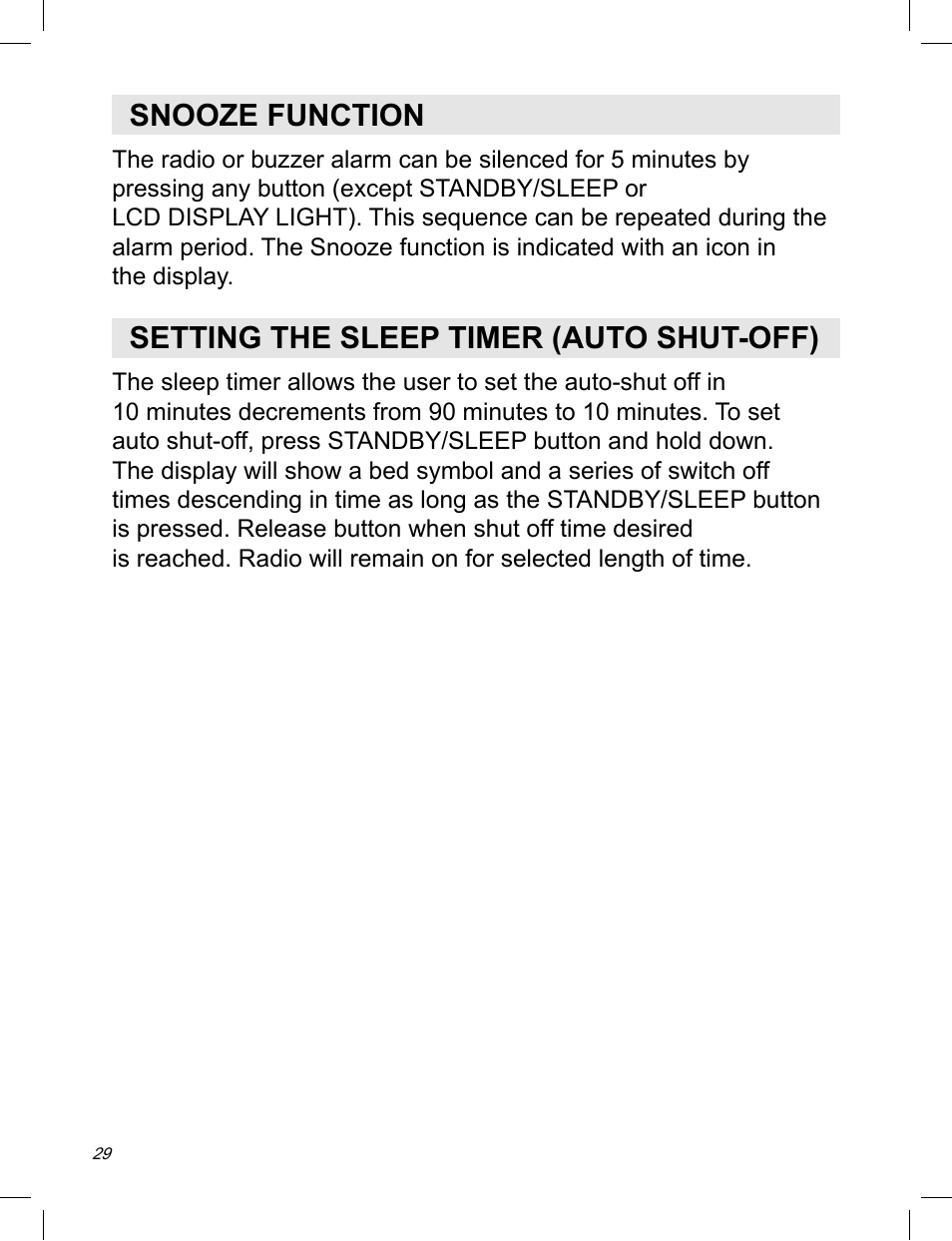 Snooze function, Setting the sleep timer (auto shut-off) | Sangean ATS-909X w (V1) User Manual | Page 30 / 40