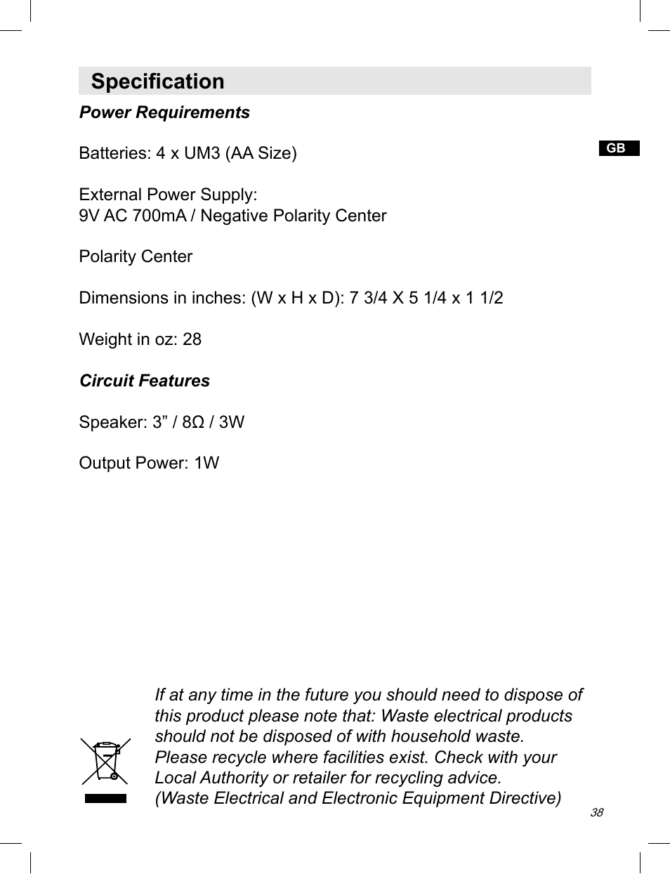 Specification | Sangean ATS-909X w (V1) User Manual | Page 39 / 40