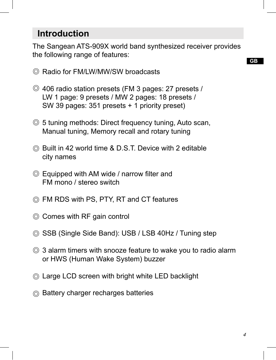 Introduction | Sangean ATS-909X w (V1) User Manual | Page 5 / 40