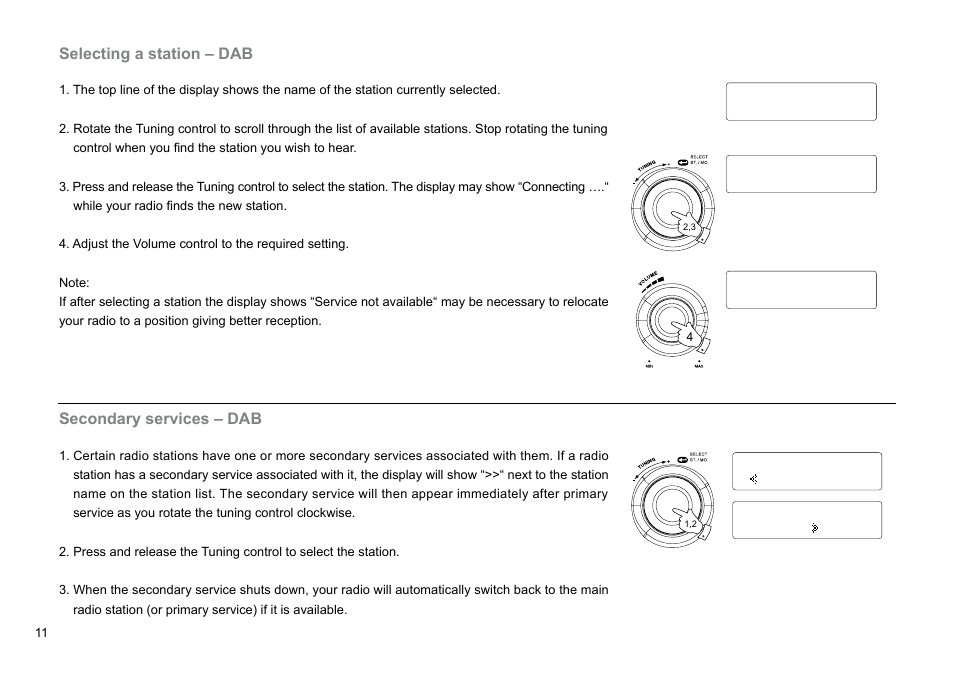 Selecting a station – dab, Secondary services – dab | Sangean DPR-26BT (V1) User Manual | Page 12 / 33