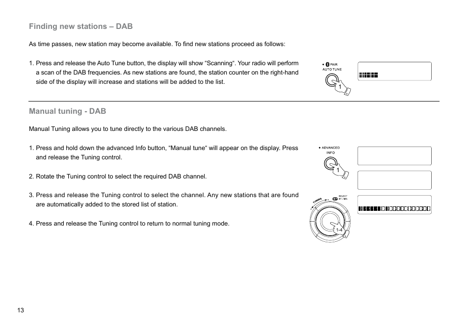 Finding new stations – dab, Manual tuning - dab | Sangean DPR-26BT (V1) User Manual | Page 14 / 33