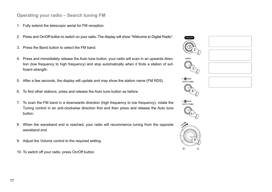 Operating your radio – search tuning fm | Sangean DPR-26BT (V1) User Manual | Page 18 / 33