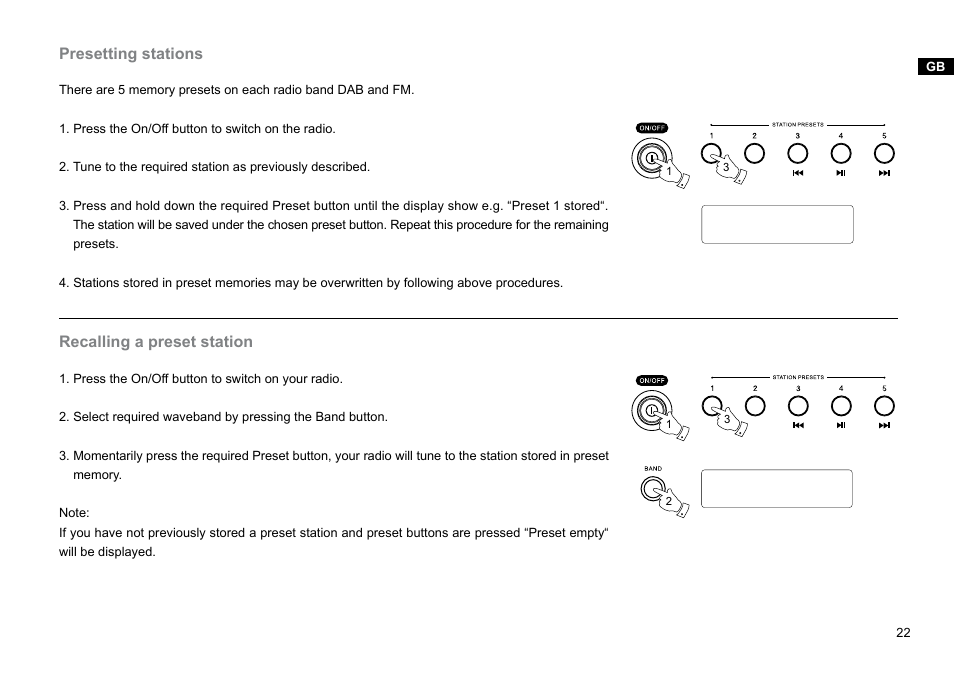 Presetting stations, Recalling a preset station | Sangean DPR-26BT (V1) User Manual | Page 23 / 33