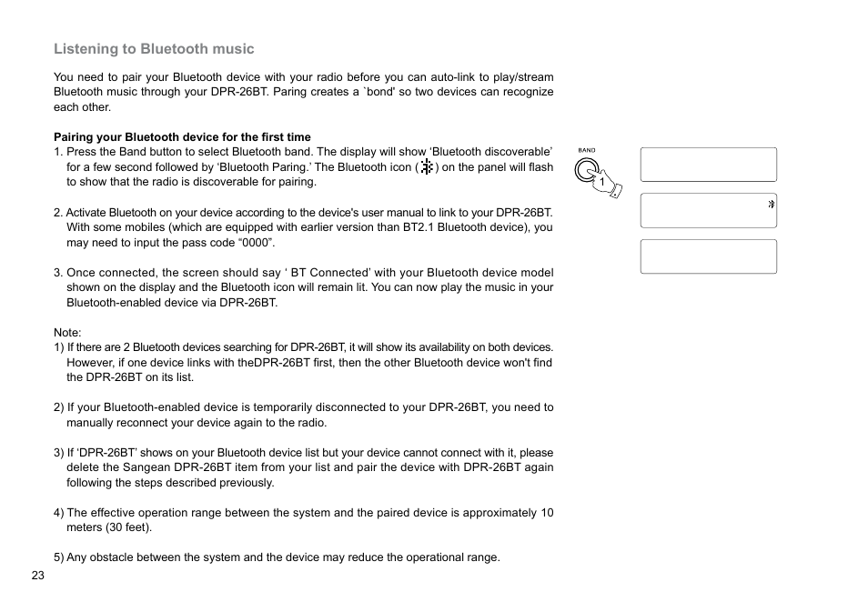Listening to bluetooth music | Sangean DPR-26BT (V1) User Manual | Page 24 / 33