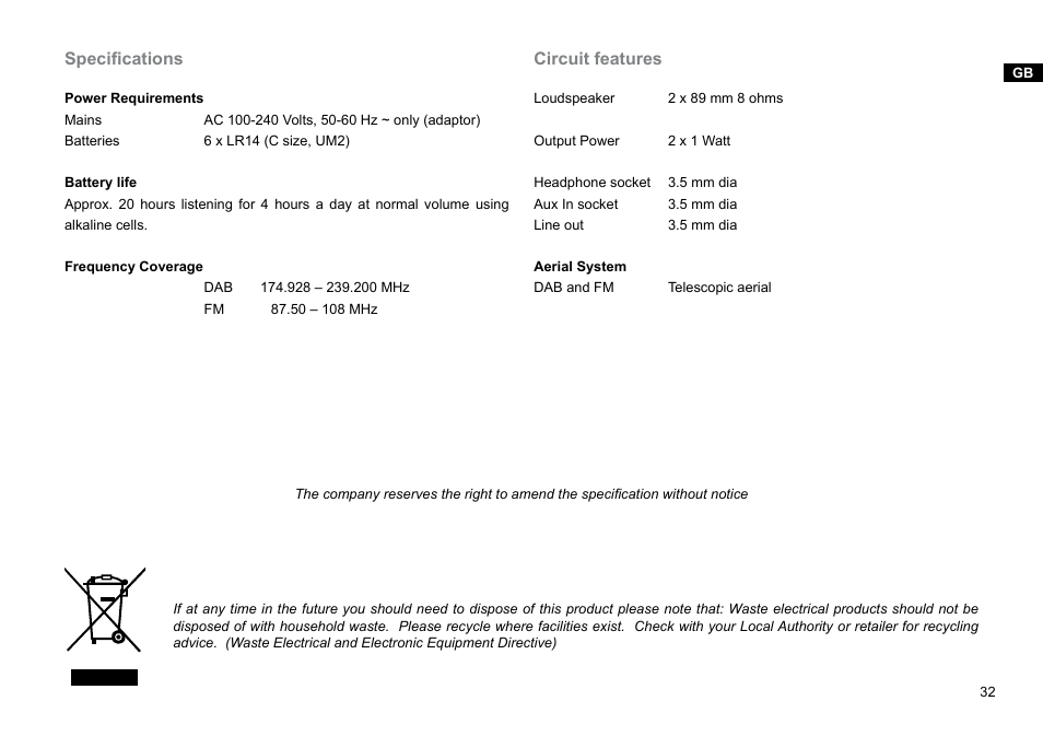 Specifications, Circuit features | Sangean DPR-26BT (V1) User Manual | Page 33 / 33