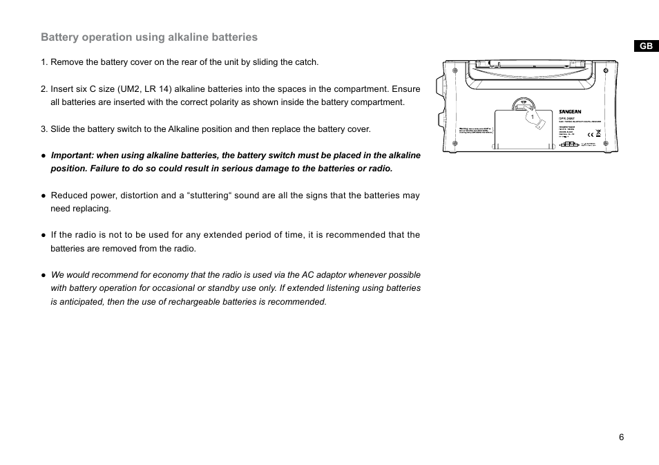 Battery operation using alkaline batteries | Sangean DPR-26BT (V1) User Manual | Page 7 / 33