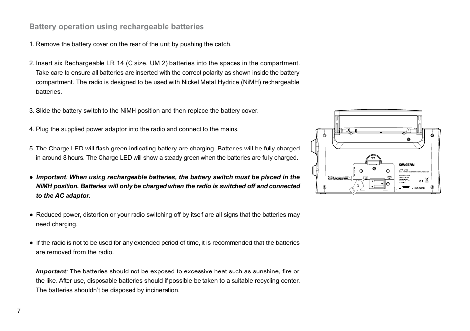 Battery operation using rechargeable batteries | Sangean DPR-26BT (V1) User Manual | Page 8 / 33