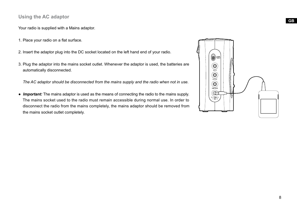 Using the ac adaptor | Sangean DPR-26BT (V1) User Manual | Page 9 / 33