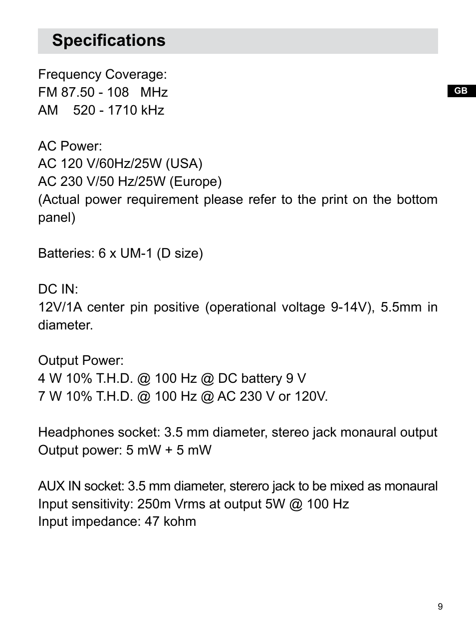 Specifications | Sangean U1 (V1) User Manual | Page 10 / 11