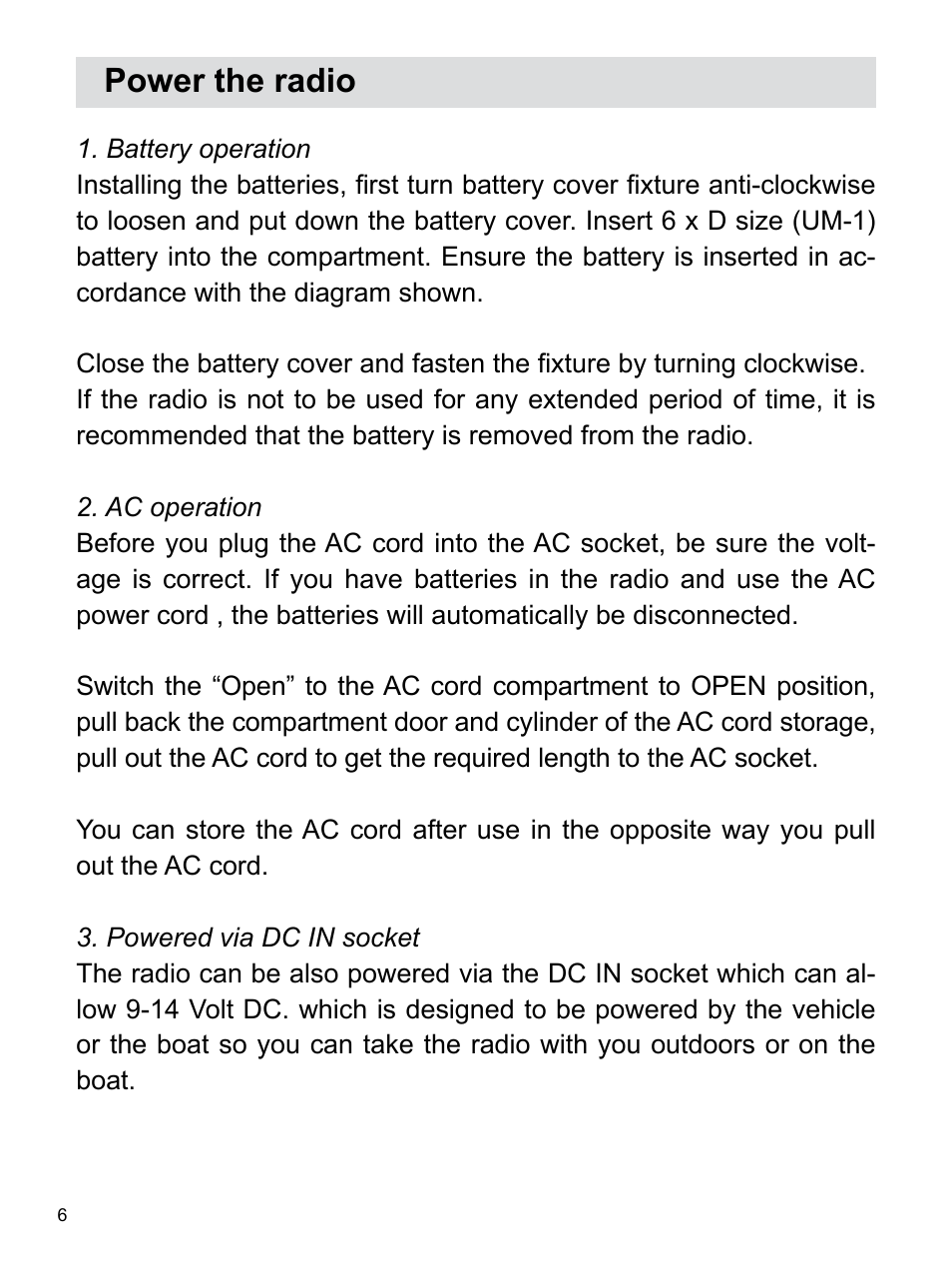 Power the radio | Sangean U1 (V1) User Manual | Page 7 / 11