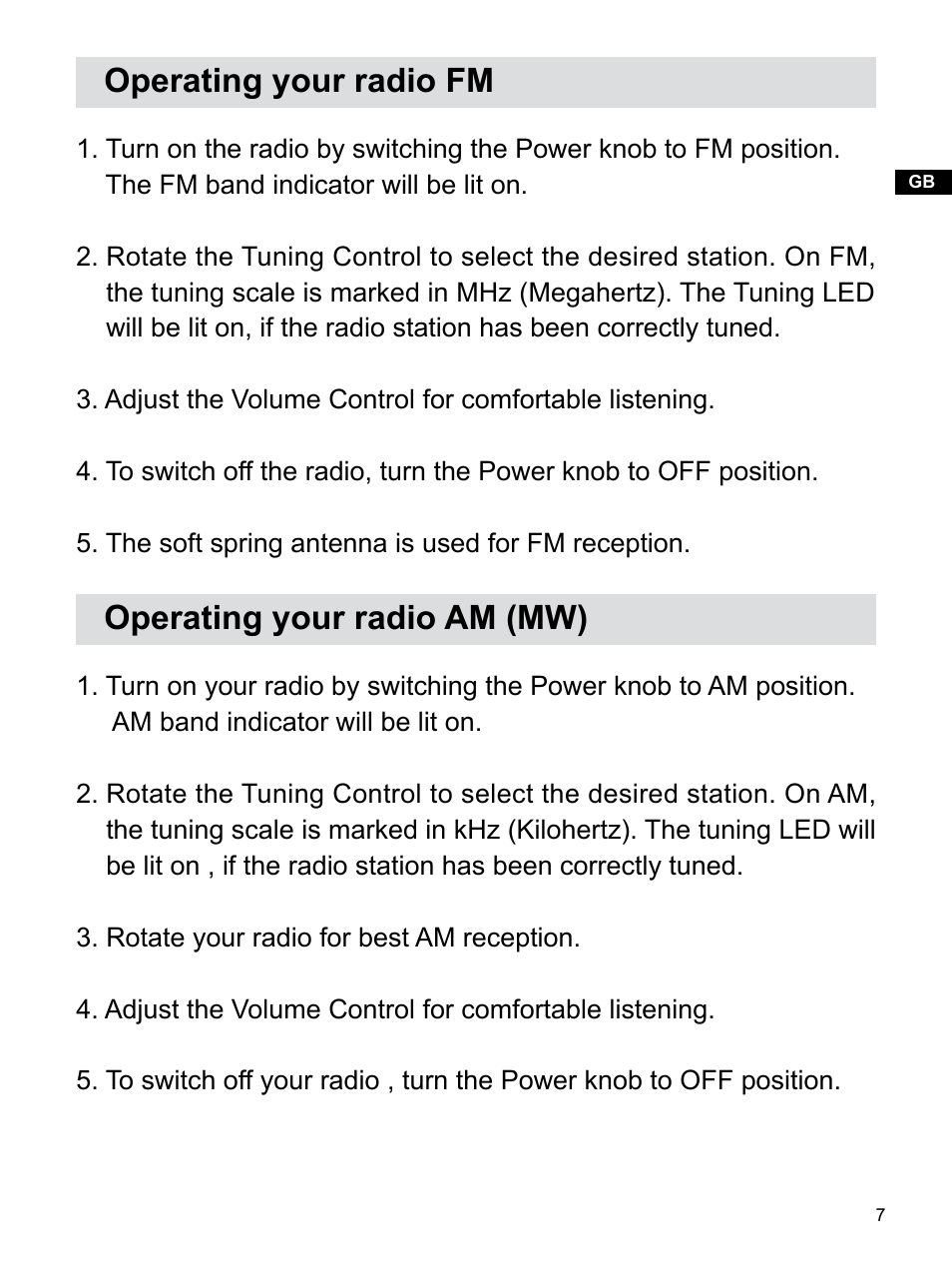 Operating your radio fm, Operating your radio am (mw) | Sangean U1 (V1) User Manual | Page 8 / 11