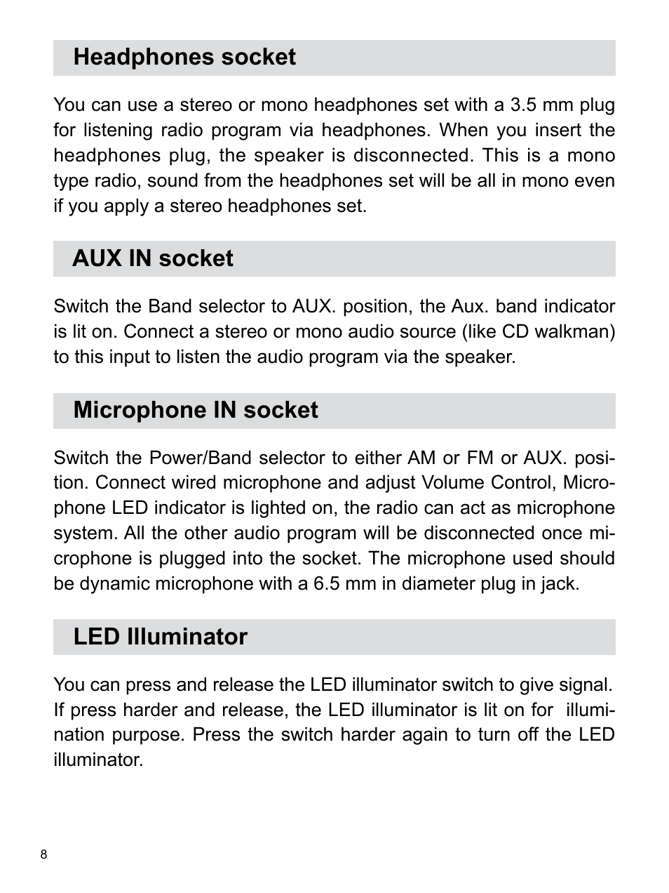 Headphones socket, Aux in socket, Microphone in socket | Led illuminator | Sangean U1 (V1) User Manual | Page 9 / 11