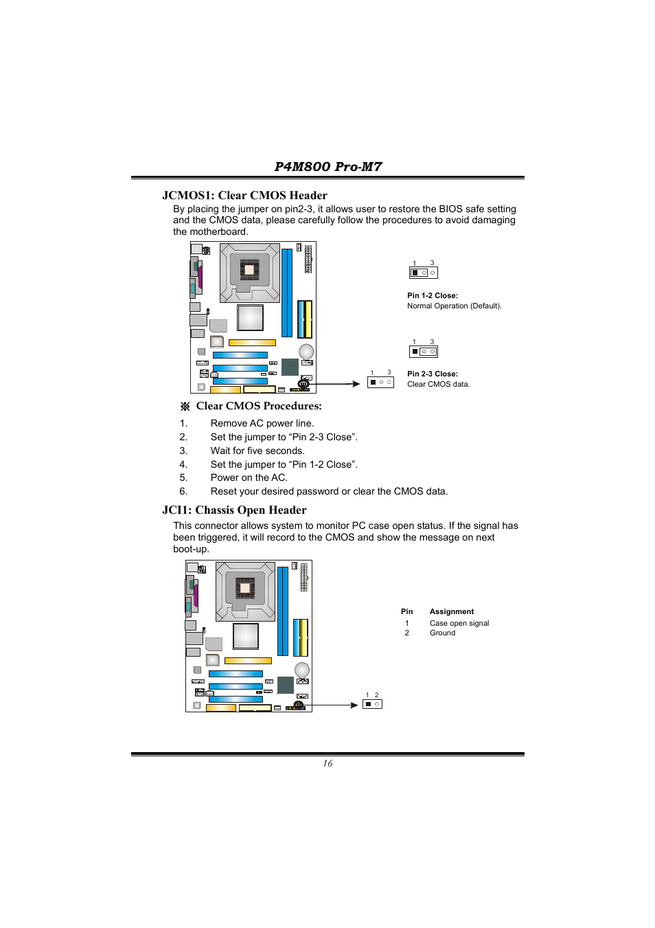 Jcmos1: clear cmos header, Jci1: chassis open header | BioStar P4M800 User Manual | Page 18 / 31